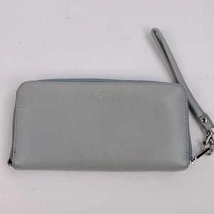 Fossil Leather zip around wallet wristlet Light gray blue with turquoise